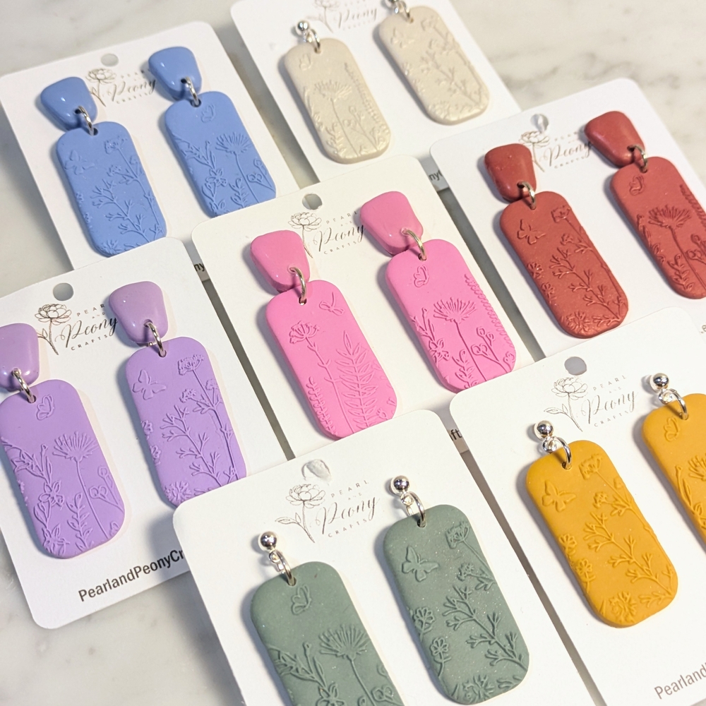 Wildflower Floral Embossed Statement Earrings - Handmade Polymer Clay - Spring